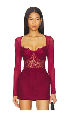 Bardot Farrah Lace Mesh Bodysuit in Burgundy from Revolve.com | Revolve Clothing (Global)