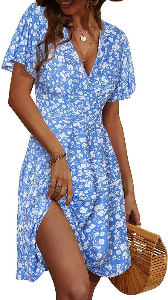 FENSACE Womens Sundress Summer Floral Short Sleeve Wrap V Neck A-Line Midi Dress | Amazon (US)