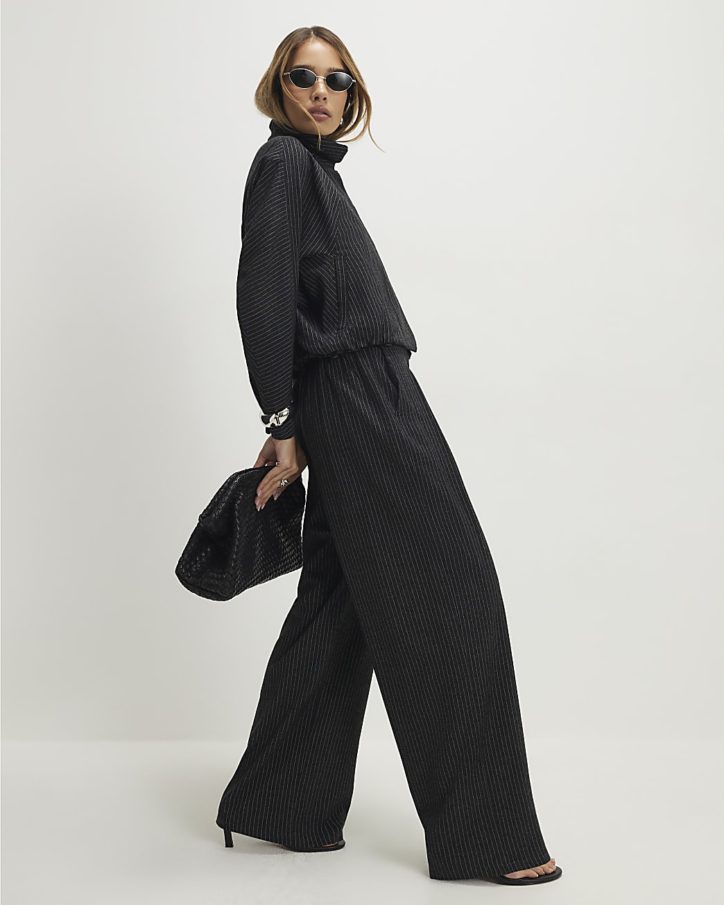 Grey Pinstripe Elastic Wide Leg Trousers | River Island UK & IE