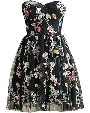 Floral Embroidery Tulle Homecoming Dresses for Teens 2025 Strapless Lace Prom Dress Short Puffy A... | Amazon (US)