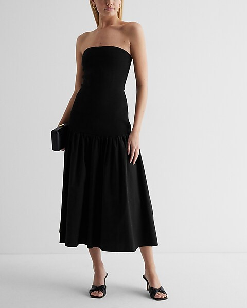 Ribbed Strapless Poplin Midi Dress | Express