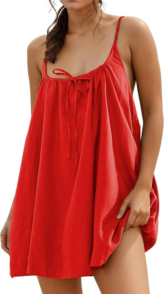 Womens Sundresses Mini Linen Beach Cover Up Tank Summer Casual Spaghetti Strap Sleeveless Dress w... | Amazon (US)