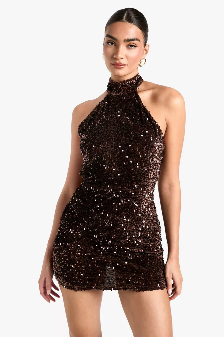 Velvet Sequin Halter Slip Mini Dress | boohoo (US & Canada)