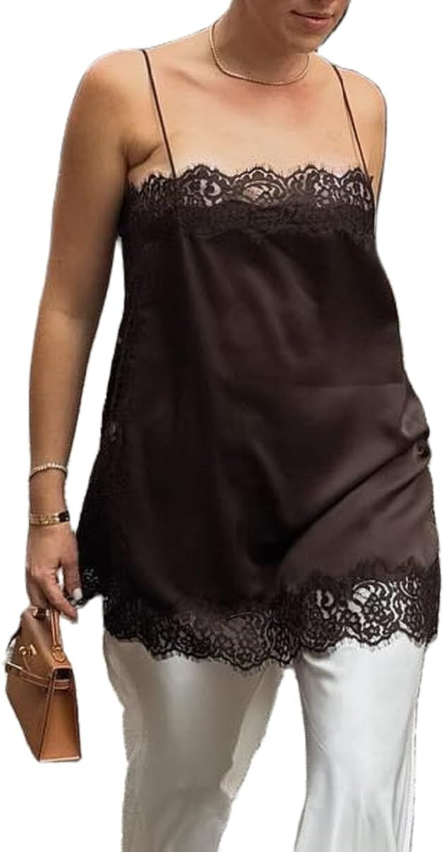 Satin Lace Long Tank Tops for Women Square Neck Silk Camisole Tops Spaghetti Strap Lace Trim Cami... | Amazon (US)
