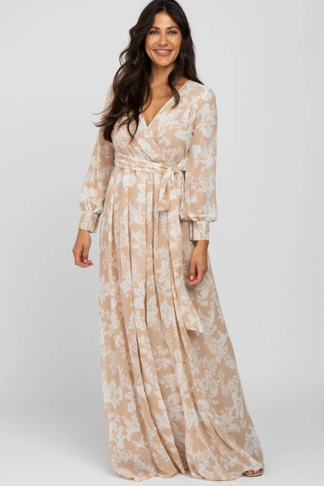 Taupe Floral Chiffon Maxi Dress | PinkBlush Maternity