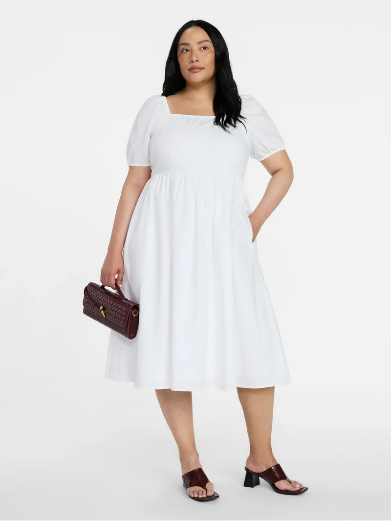 Time and Tru Women's and Women's Plus Cotton Back Tie Midi Dress with Short Puff Sleeves, Sizes X... | Walmart (US)