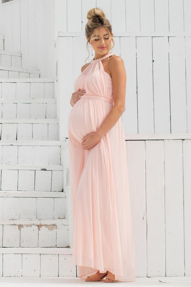 Light Pink Halter Tulle Maternity Evening Gown | PinkBlush Maternity