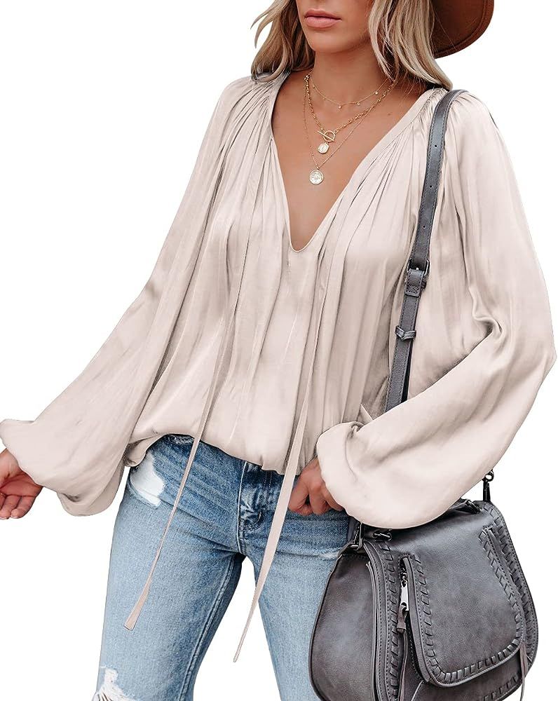 LAMISSCHE Womens Sexy Deep V Neck Blouse Lantern Long Sleeve Chiffon Shirt Oversized Drawstring S... | Amazon (US)