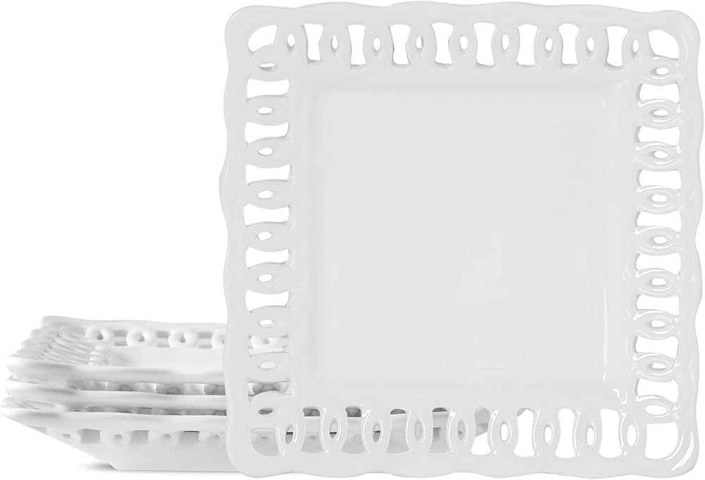 Square Appetizer Plate, Set of 4, 8 inch Ceramic White Dinner Plates with Lace Rim, Small for Cak... | Amazon (US)