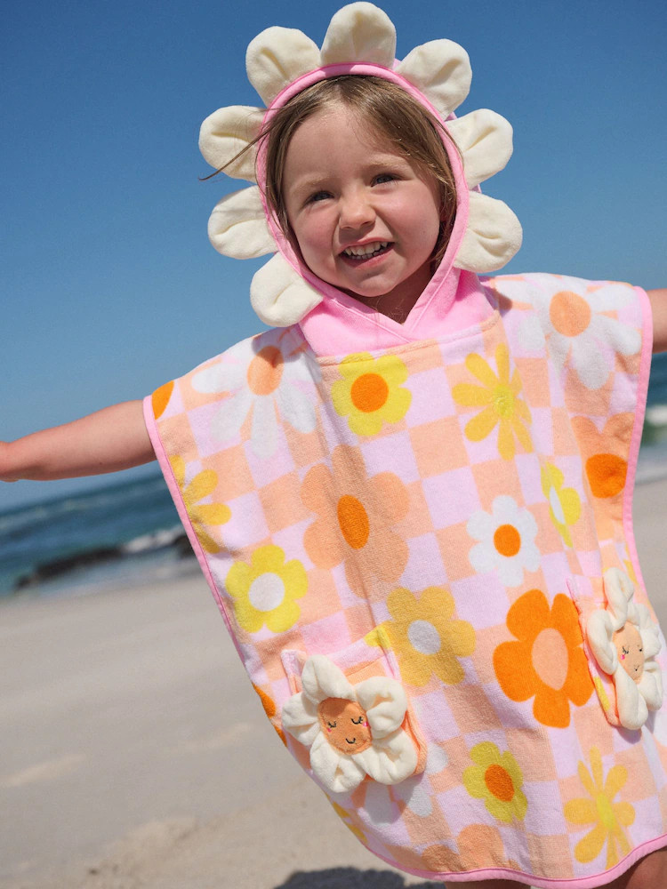 Pink/Orange Checkerboard Floral Towelling Poncho (9mths-10yrs) | Next US