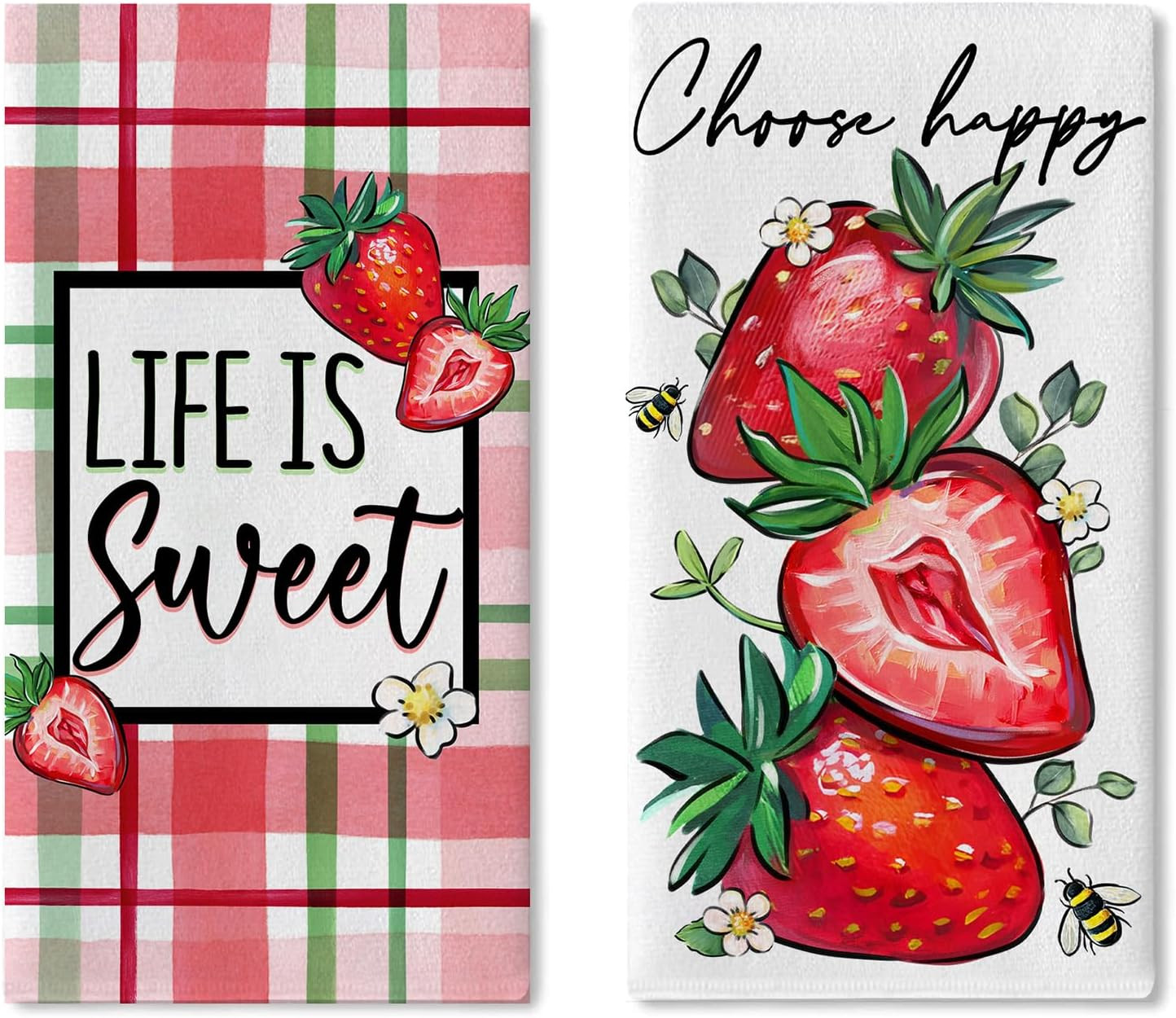 Spring Summer Strawberry Kitchen Dish Towels Set of 2, Life is Sweet Red Fruit Bee Drying Hand To... | Amazon (US)