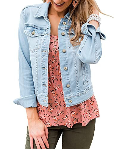 LookbookStore Denim Jacket for Women Blue Jean Jackets 2025 Spring Stretchy Trucker Jackets Button Down Jackets Lightweight Size S Light Blue Fall Jean Jacket Size 4 6 | Amazon (US)
