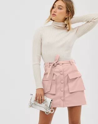 ASOS DESIGN button front leather look mini skirt with utility pockets | ASOS UK