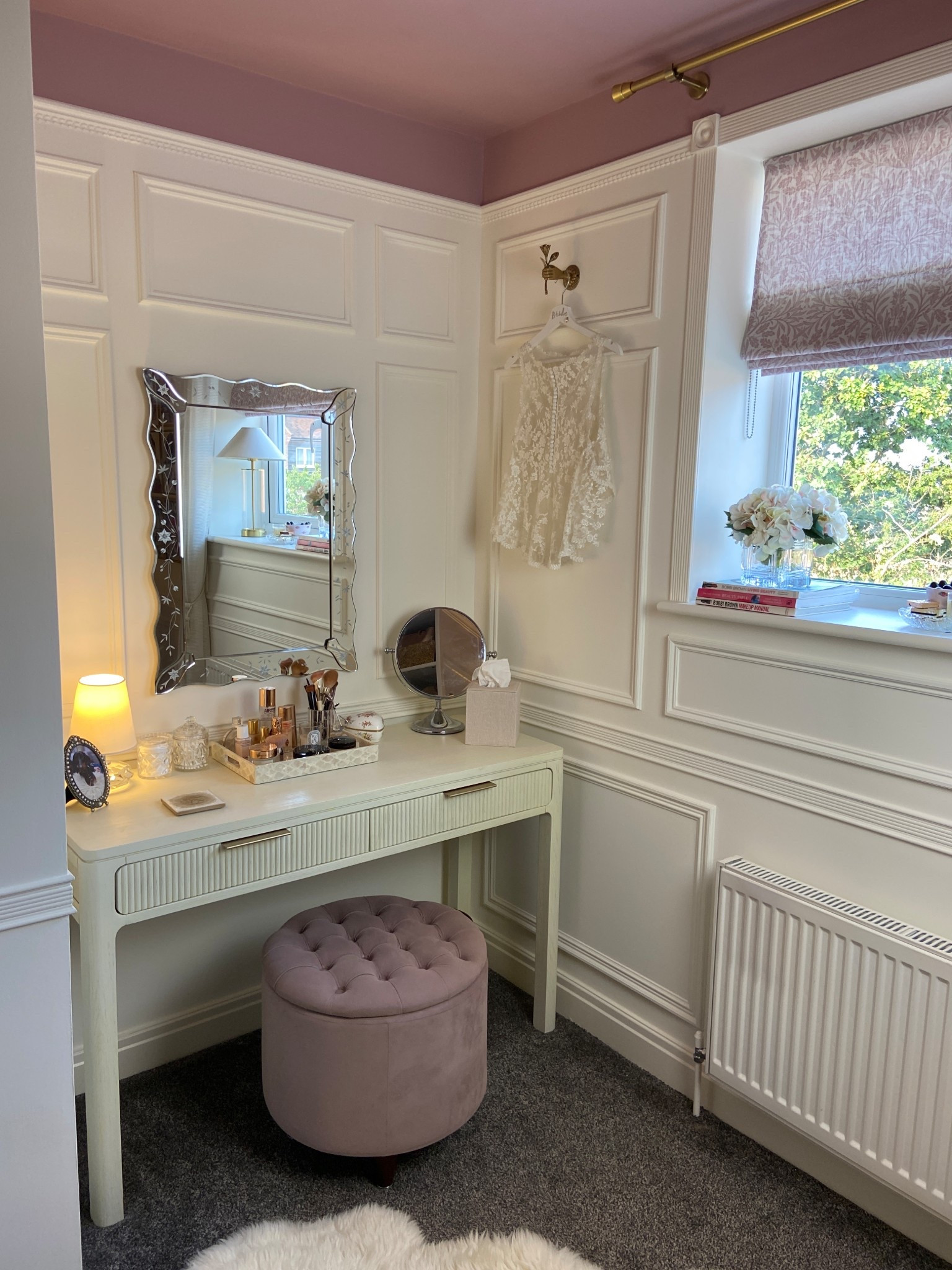 Romantic Blush Dressing Room Makeover 🌸✨🪞 One of the biggest projects in our new build home so far. I wanted this dressing room to feel soft, romantic, and inspiring. With custom wall panelling, a chic vanity setup, layered lighting, and the dreamiest blush pink ceiling, it’s become my little sanctuary. 🌸✨ Watch the full transformation here ➡️ https://youtu.be/nerZHTHdyL0 

#LTKHome