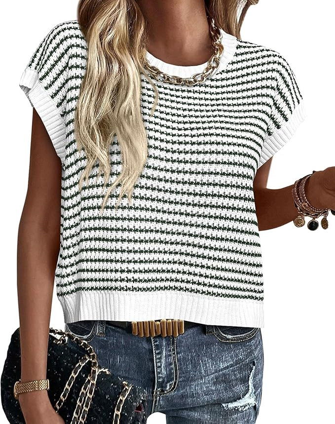PRETTYGARDEN Womens Short Sleeve Sweater Spring Summer 2026 Round Neck Striped Pullover Cap Sleev... | Amazon (US)