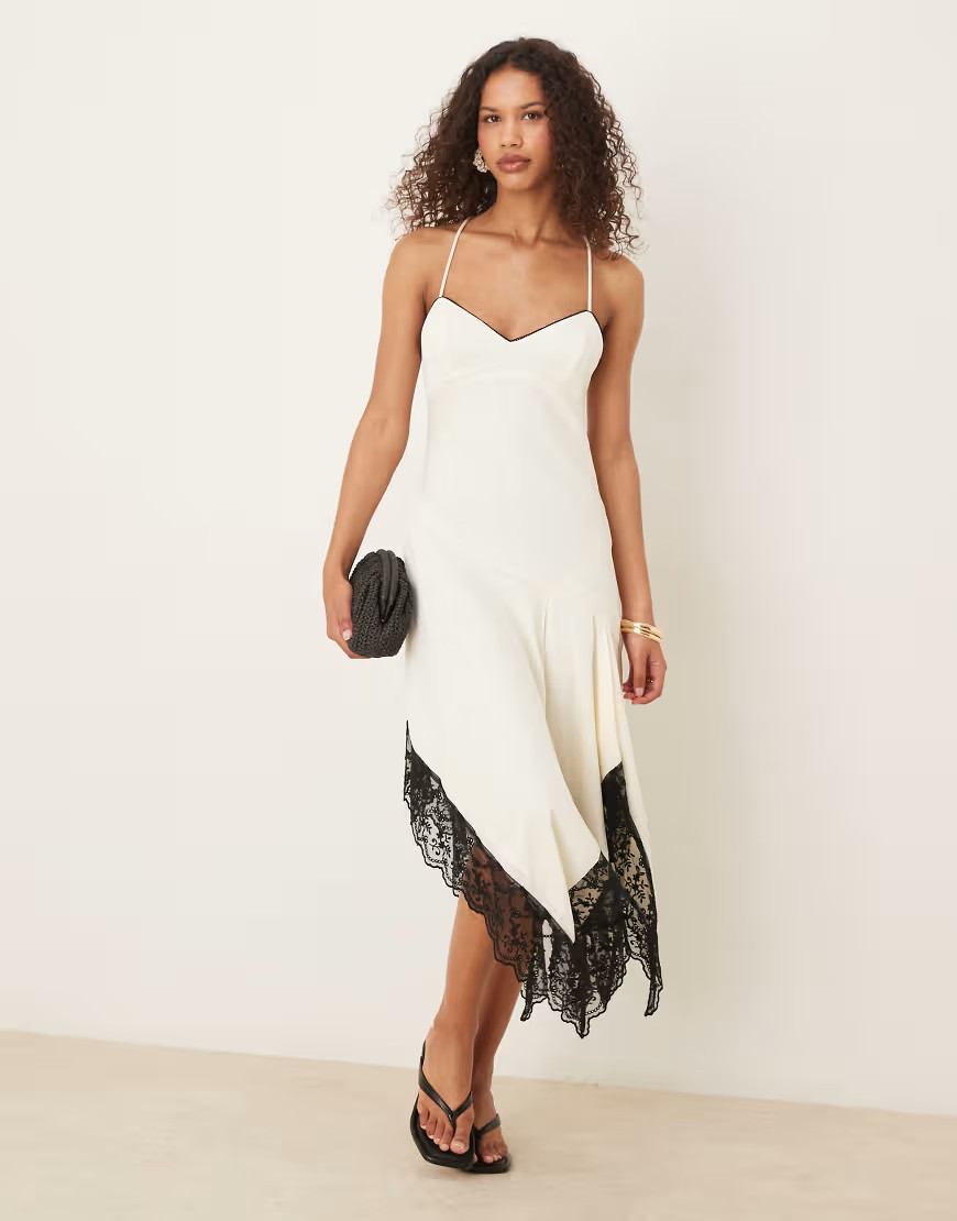 ASOS DESIGN cami cream slip dress with black contrast lace and hanky hem-White | ASOS (Global)