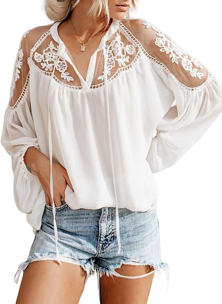 Asvivid V Neck Crochet Lace Tops for Women Casual Loose Puff Sleeve Fall Shirts Flowy Chiffon Blo... | Amazon (US)