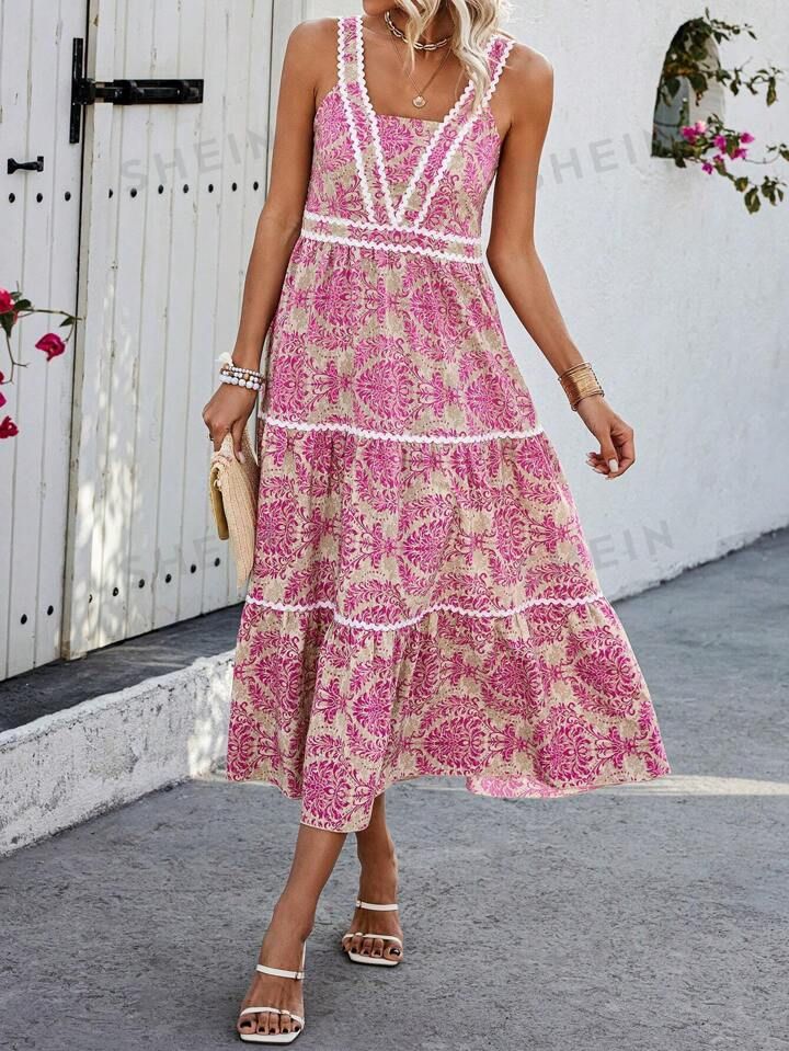 SHEIN VCAY Sleeveless Satin Printed Dress | SHEIN