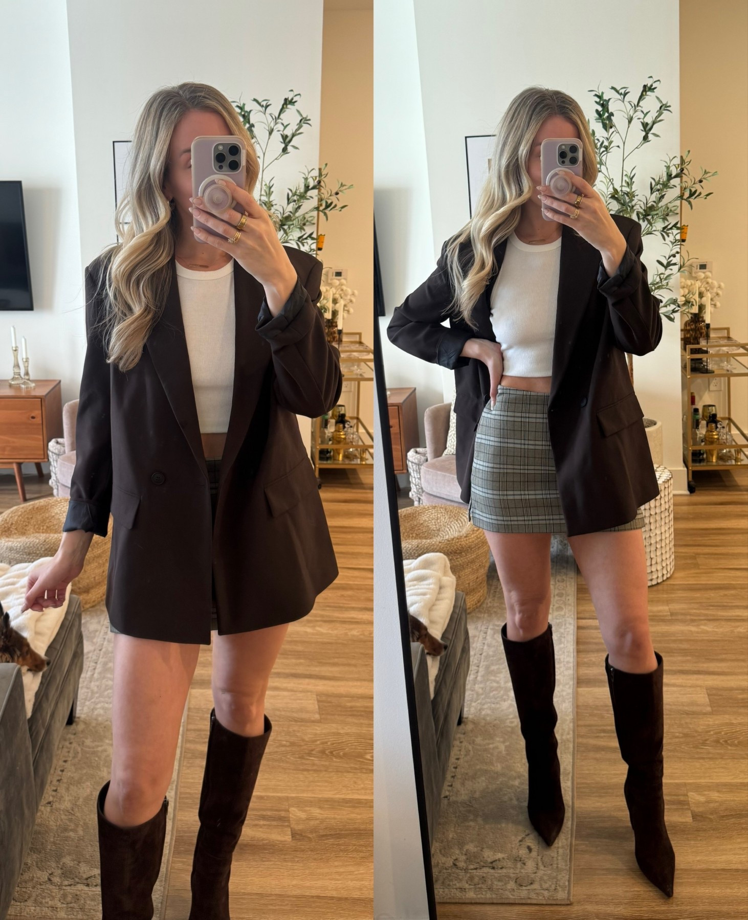 This blazer and these boots are my whole personality at this point 
Blazer - small
Tank - small
Skirt - small 
Boots - TTS

#LTKSeasonal #LTKootd #LTKSaleAlert
