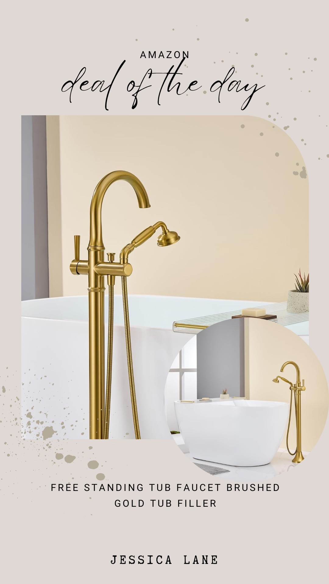 Elevate your bathroom with this free-standing brushed gold tub filler. The sleek design and elegant finish create a spa-like atmosphere at home.
#bathroomdesign #homerenovation #amazonfinds #interiordetails 

 #LTKHome #LTKSaleAlert