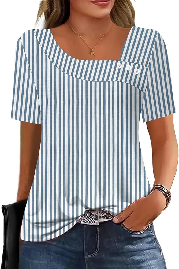 Soesdemo Short Sleeve Shirts for Women Asymmetrical Square Neck with Button Tops Casual Flowy Lig... | Amazon (US)