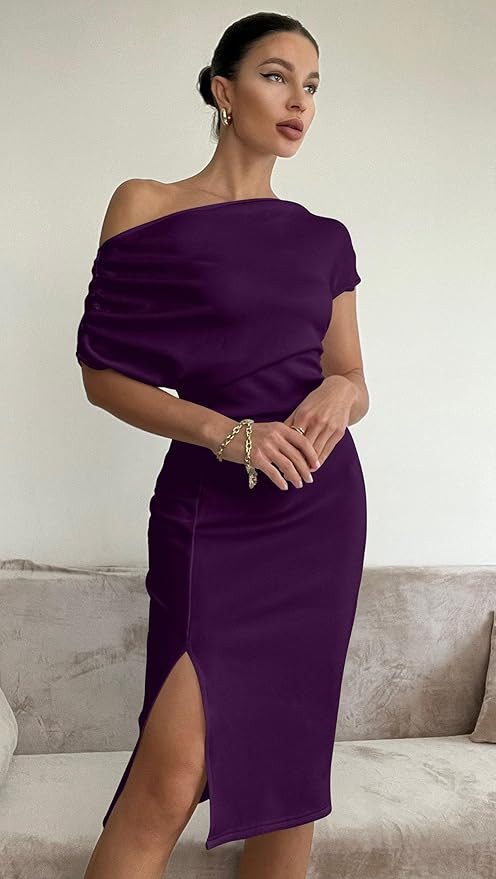 Memoriesea Women's Elegant Off Shoulder Split Hem Bodycon Ruched Midi Club Party Dress | Amazon (US)