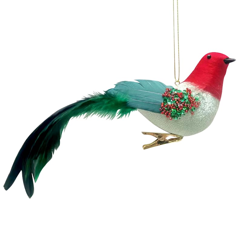 Classic Christmas Red & Green Feather Bird Clip Ornament, 8.5" | At Home