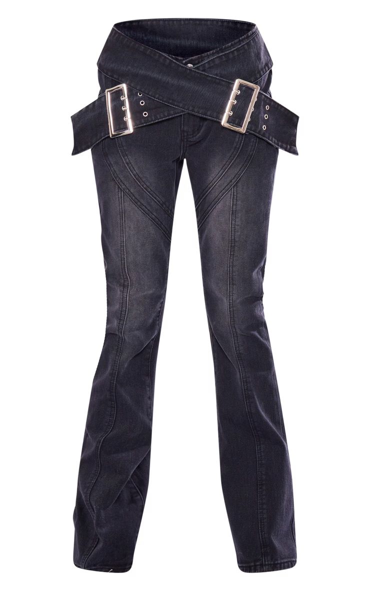 Washed Black Cross Over Belt Flare Jeans | PrettyLittleThing UK