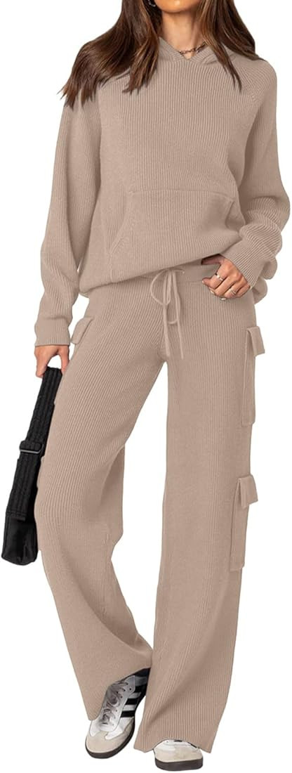 REORIA Women 2 Piece Knit Sweater Set Lounge Hoodie & Cargo Pants Outfit for Fall Winter 2024 Tra... | Amazon (US)