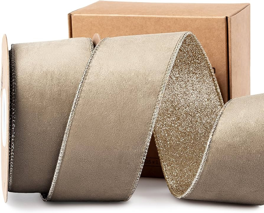 Camel Christmas Tree Ribbon Velvet Wired Ribbon 2-1/2 Inch Wide with Gold Metallic Glitter for De... | Amazon (US)