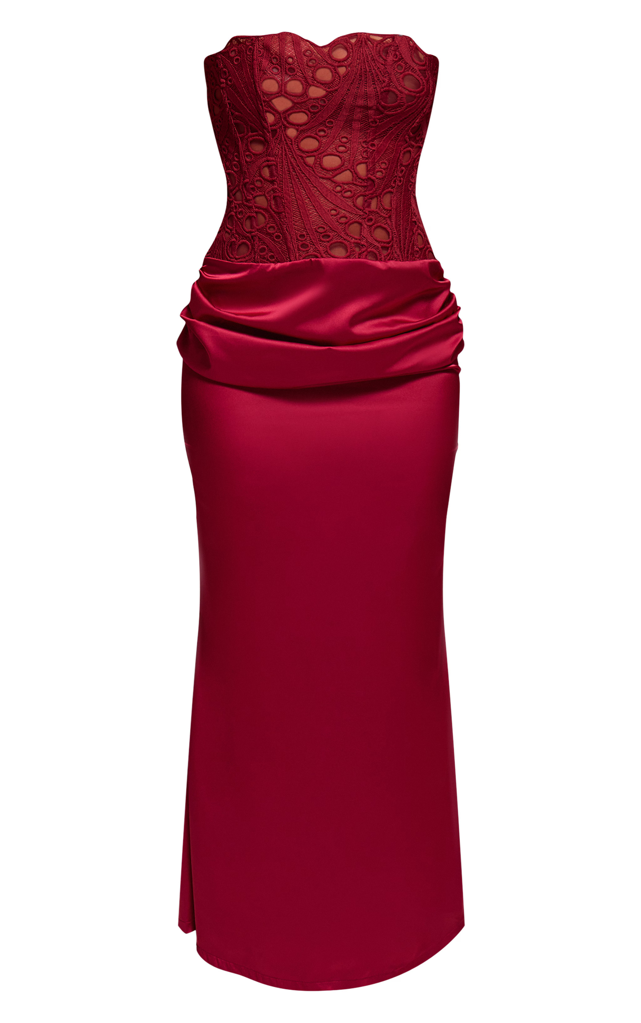 Burgundy Corset Detail Satin Ruched Maxi Dress | PrettyLittleThing UK
