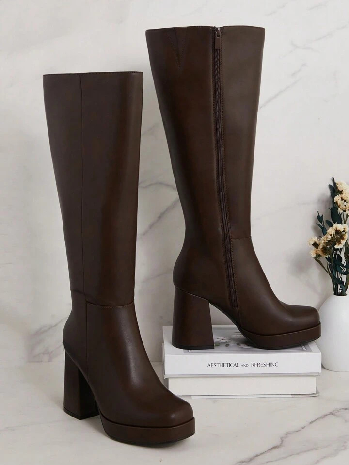 SHUZIA Platform, Square Toe, Block Heel, Brown, Soft PU, Knee-High,Full Length Inner Zipper New Y... | SHEIN