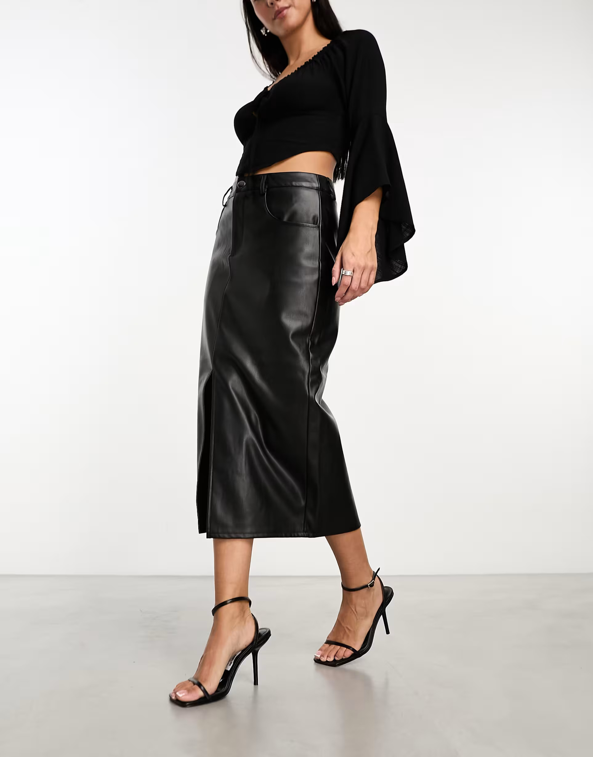 Vero Moda leather look midi skirt in black | ASOS (Global)