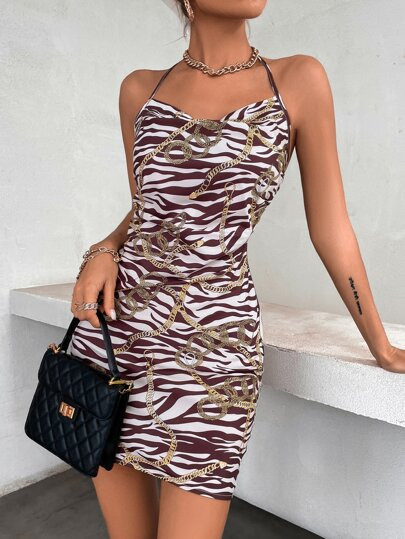 Draped Tie Backless Zebra Stripe & Chain Print Halter Dress | SHEIN