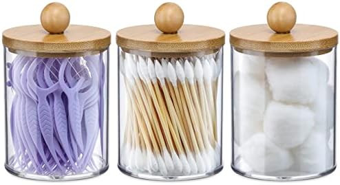 3 Pack Qtip Holder Dispenser with Bamboo Lids - 10 oz Clear Plastic Apothecary Jar Containers for... | Amazon (US)