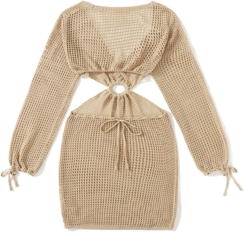 MakeMeChic Women's Crochet Cover Up Long Sleeve Knitted Swim Beach Cover Up Dress Swimwear | Amazon (US)