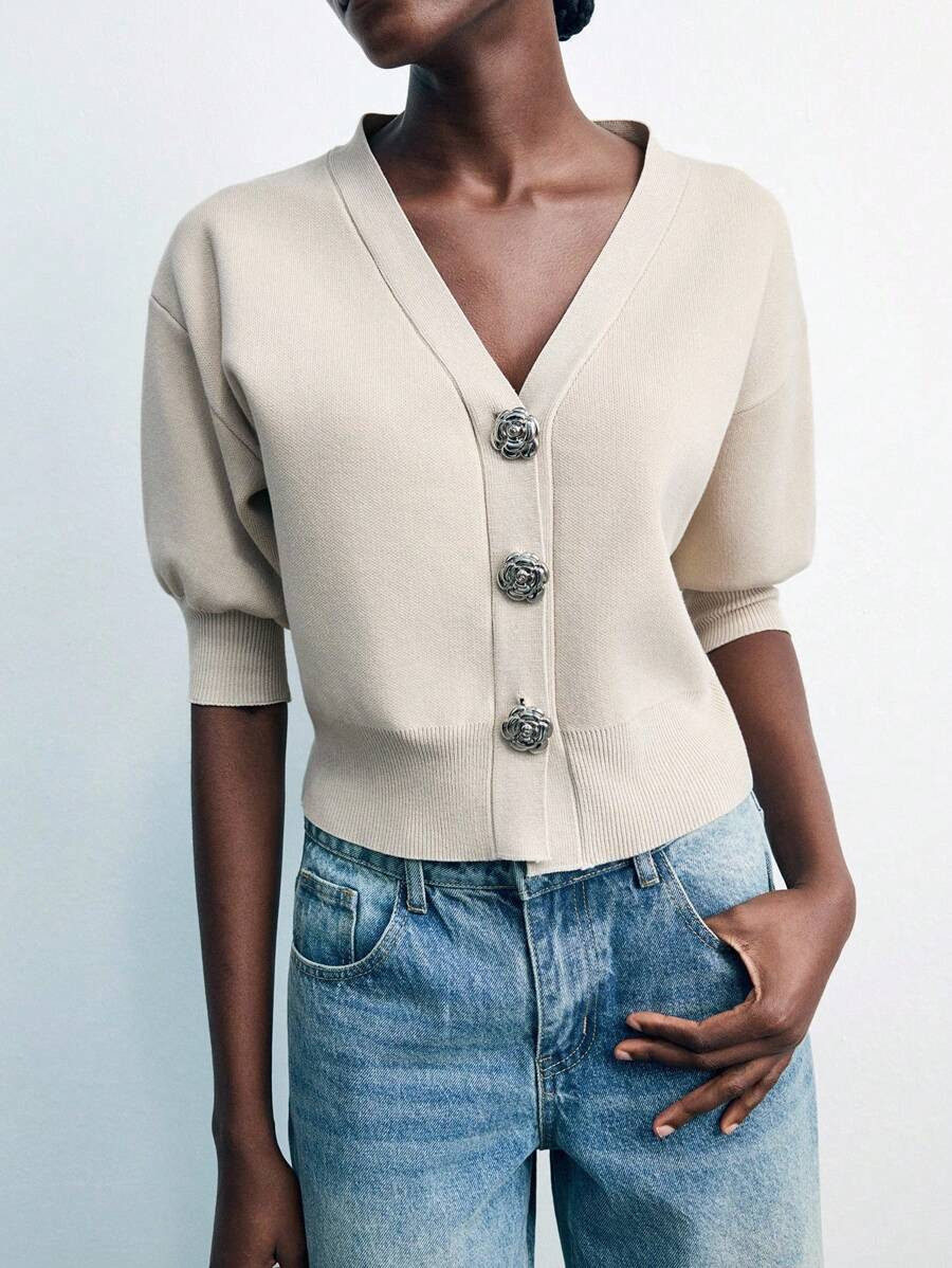 Maija Women's Solid Color Front Button Short Knit Cardigan, V-Neck Design Simple And Versatile, S... | SHEIN