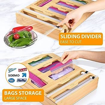 INHOTBY Foil and Plastic Wrap Organizer, Bamboo Ziplock Bag ,6 in 1 Aluminum Dispenser with Cutte... | Amazon (US)