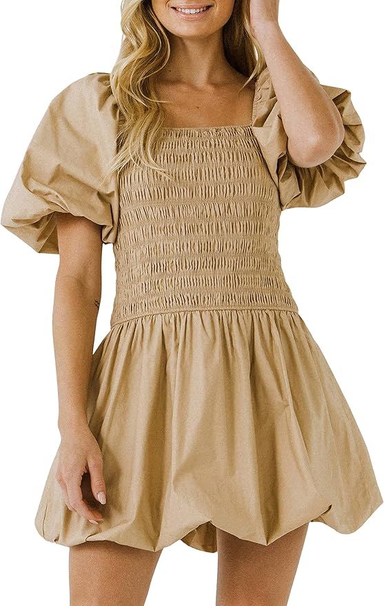 endless rose Women's Smocked Puff Mini Dress Beige | Amazon (US)