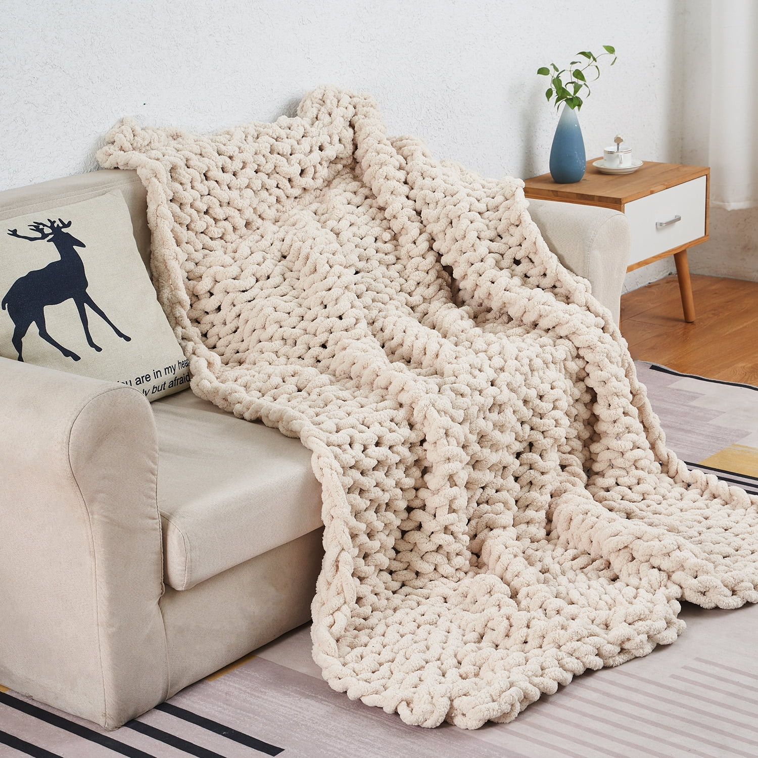 Modenna Chunky Knit Blanket Handmade Soft Warm Throws, 50"x60", Beige | Walmart (US)