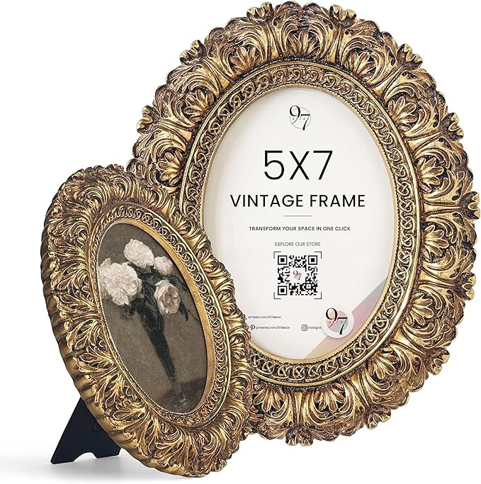97 Decor 5x7 Oval Picture Frame - Vintage 5x7 Picture Frame Gold, Rustic 5x7in Gold Frame, Ornate... | Amazon (US)