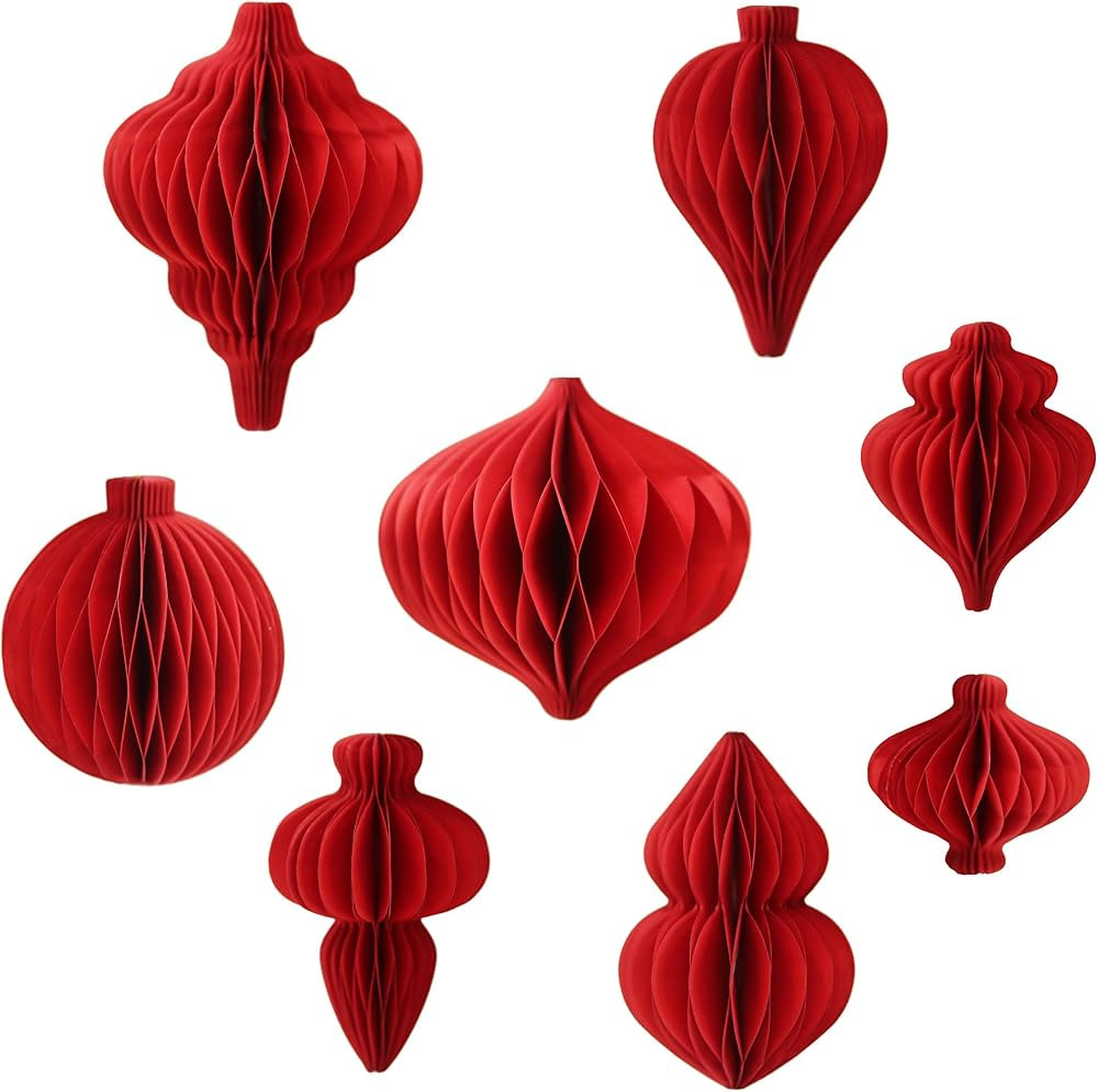 SLEETLY 8pk Paper Ornaments for Christmas Trees, Hanging 3D Honeycomb Xmas Decorations Set, Garne... | Amazon (US)