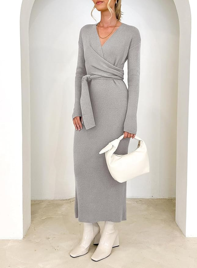 Happy Sailed Womens Knit Dress Fall Long Sleeve Wrap V Neck Tie Waist Ribbed Sweater Dresses | Amazon (US)