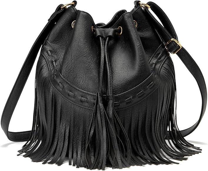 Leather Bucket Bags for Women Crossbody Purses with Drawstring Ladies Tassel Hobo and Shoulder Ha... | Amazon (US)