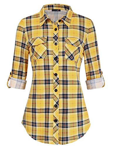 DJT Womens Soft Stretchy Knit Plaid Shirts Roll Up Long Sleeve Collared Button Down Blouses Tops | Amazon (US)
