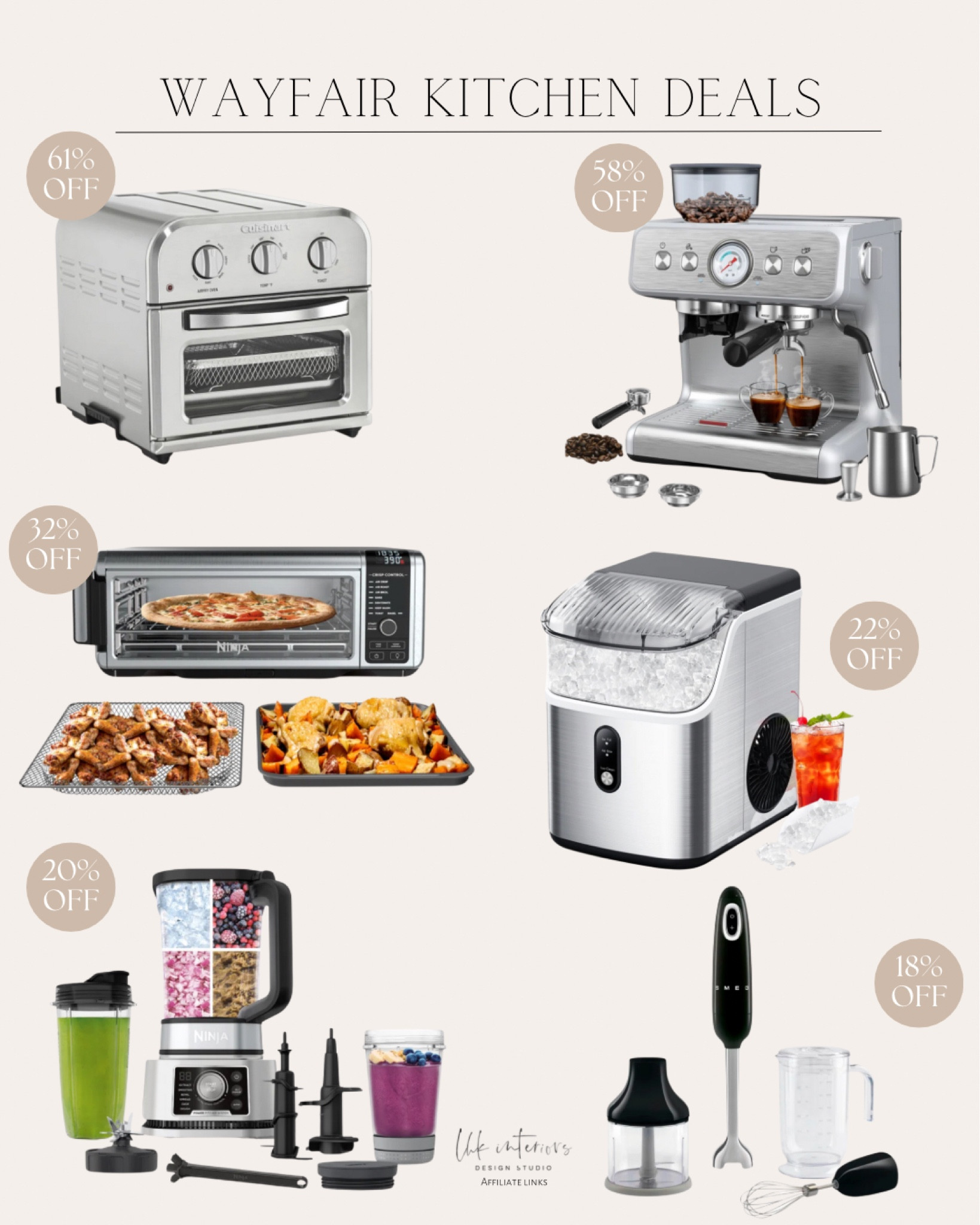 Wayfair kitchen deals 
Hand blender / food processor / toaster over / ice maker / espresso machine / air fryer oven / 

#LTKSaleAlert #LTKHome