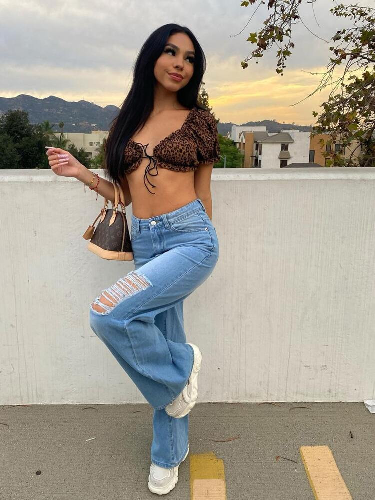 Off Shoulder Frill Trim Tie Front Leopard Top | SHEIN