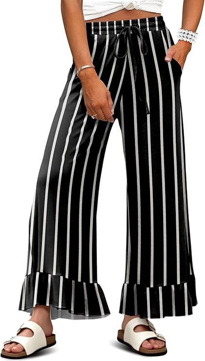 KISSMODA Womens Palazzo Lounge Pants Drawstring Elastic High Waisted Ruffle Hem Wide Leg Pants wi... | Amazon (US)