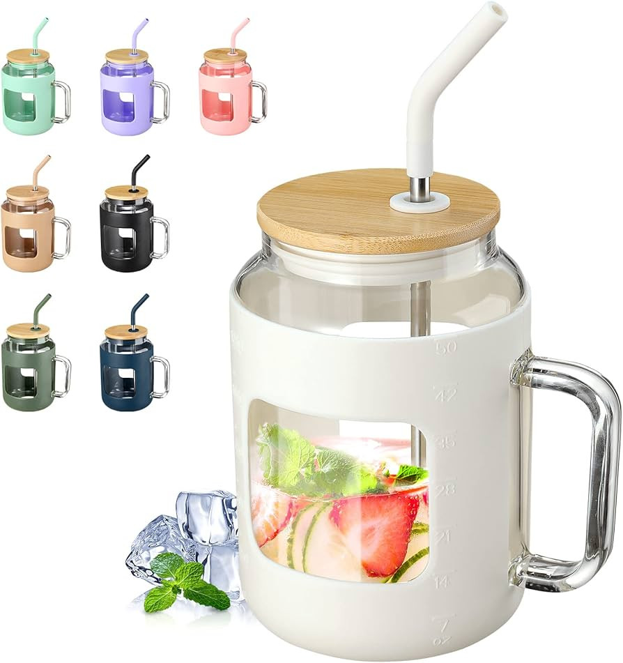 VOKOVO 50 oz Glass Tumbler with Bamboo Lid and Straw, Glass Water Bottles with Handle and Silicon... | Amazon (US)