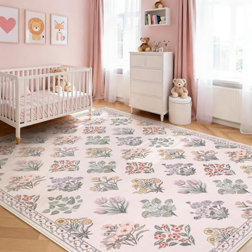 Wonnitar 8x10 Washable Rug, Pink Rugs for Girls Bedroom Decor, Boho Ultra-Thin Non Slip Soft Moroccan Floral Large Carpet for Living Room Baby Nursery Kids Playroom, Pale Pink | Amazon (US)